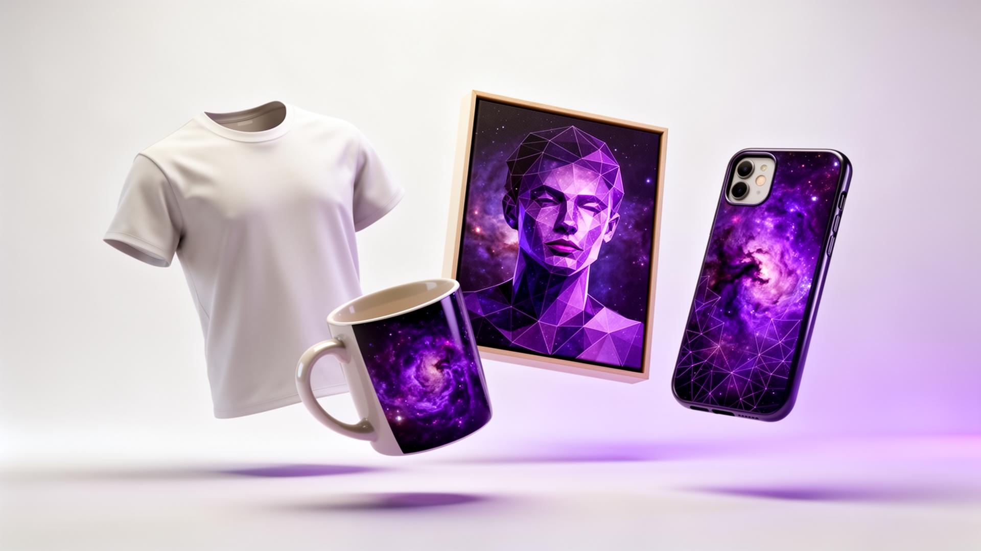 AI-generated artwork printed on a t-shirt, mug, canvas, and phone case